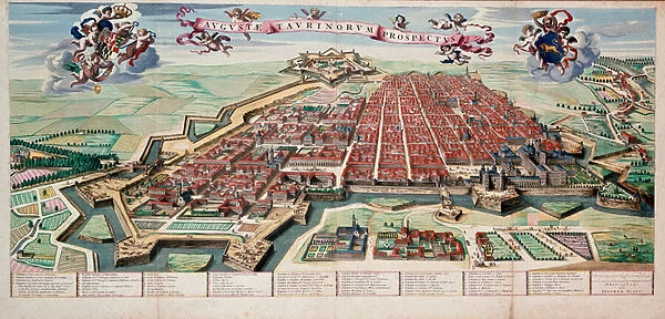View and map of the city of Turin in 1700 (colored print)