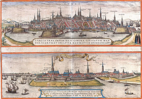 Views of Lubeck (Lubeca) and Hamburg (Hamburga), Germany (etching, 1572-1617)