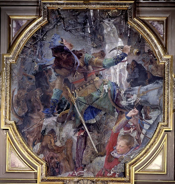 The vision of Saint Hubert, who went hunting in a forest