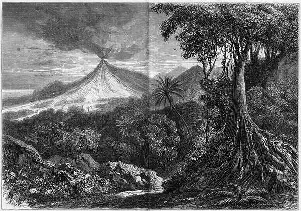 Volcanic eruption, Ile de la Reunion, 1859: view of the eruption of the '
