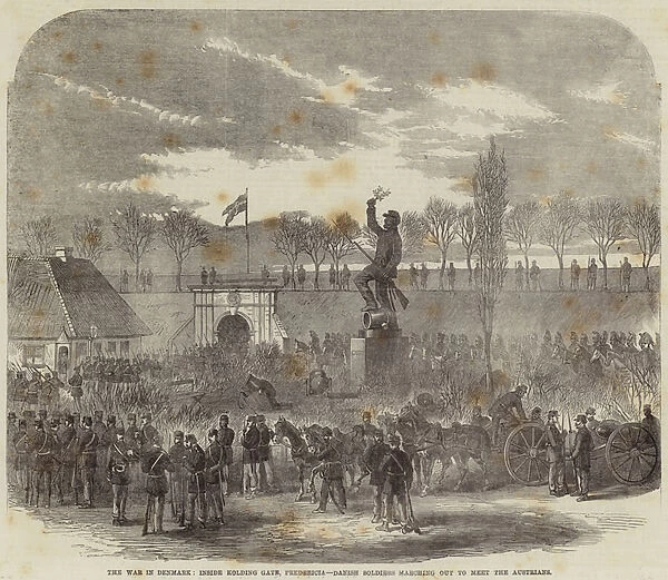 The War in Denmark, inside Kolding Gate, Fredericia, Danish Soldiers marching out to Meet the Austrians (engraving)