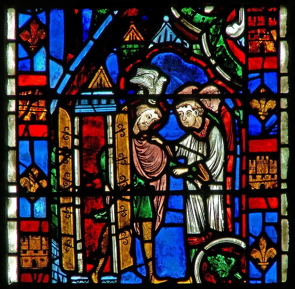 Window w51 depicting St Sever: as he is elected bishop a dove settles on his head