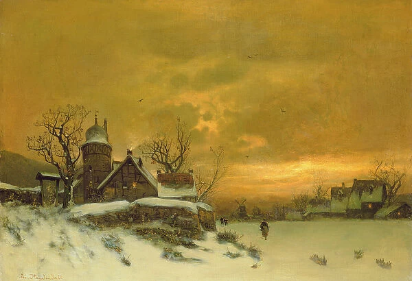 Winter landscape with view of buildings at evening