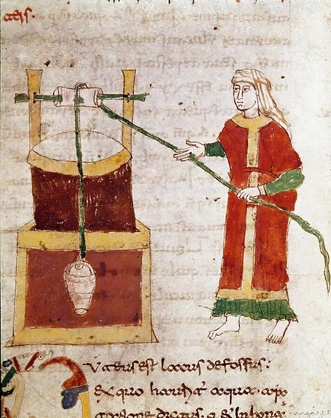A woman drawing water from the Miniature well taken from the volume 'De puteis'