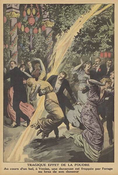 A woman struck by lightning while dancing at a ball in Venice (colour litho)