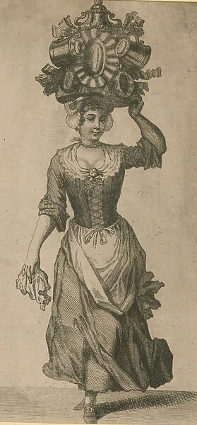 A women carrying a variety of metal objects on her head (engraving)