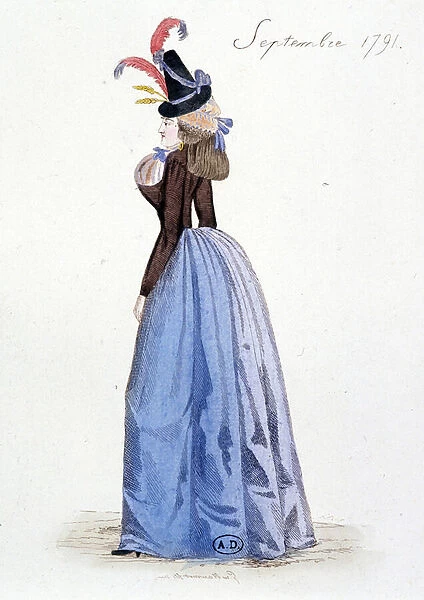 Womens fashion: Dress, September 1791. In 'Costumes of the time of the Revolution 1790-1793'. Colourful waters of Mr. Guillaumot Jr. 1876