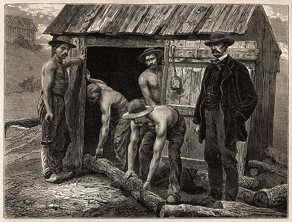 The woodworkers of the Montchanin mine, throwing them into the well inclined; in costume