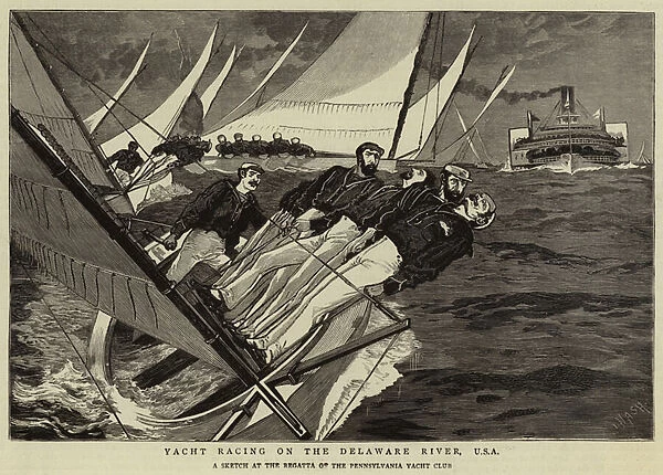 Yacht racing on the Delaware River, USA (engraving)