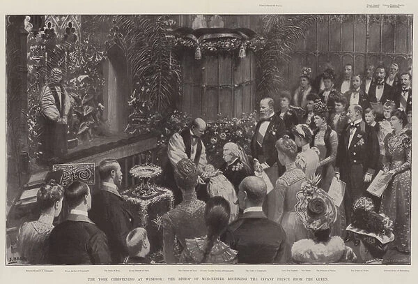 The York christening at Windsor, the Bishop of Winchester receiving the Infant Prince from the Queen (litho)
