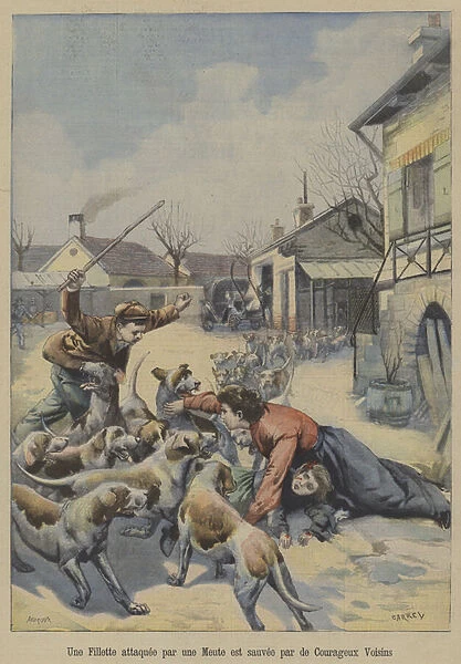 A young girl being attacked by a pack of hounds is saved by two courageous neighbours (colour litho)