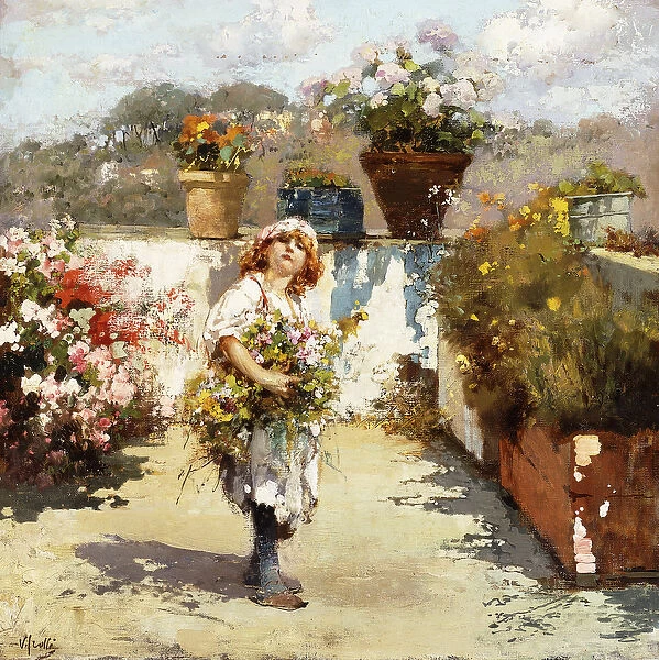 A Young Girl Gathering Flowers in the Sunshine, (oil on canvas)