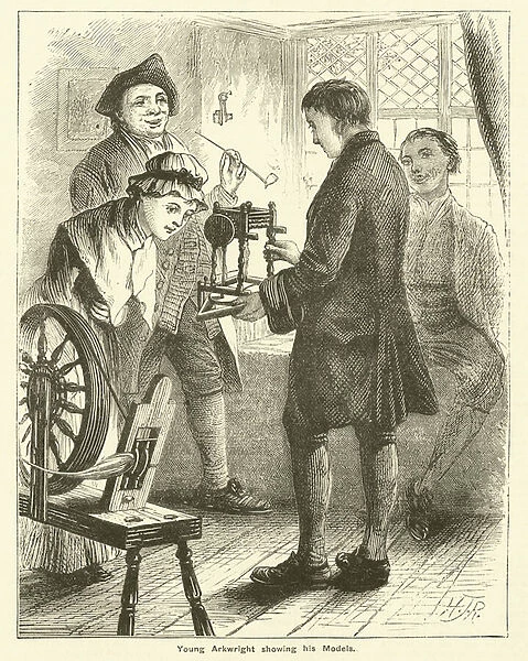 Young Richard Arkwright showing his models (engraving)