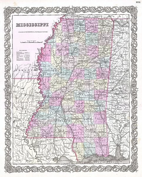 1855, Colton Map of Mississippi, topography, cartography, geography, land, illustration
