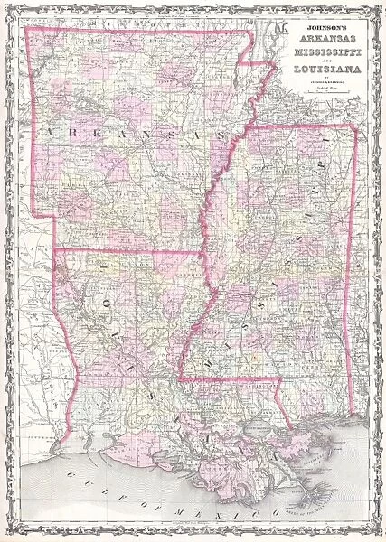1861, Johnson Map of Mississippi, Louisiana and Arkansas, topography, cartography