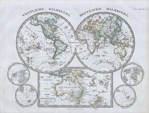 1862, Stieler Hemisphere Map of the World, topography, cartography, geography, land