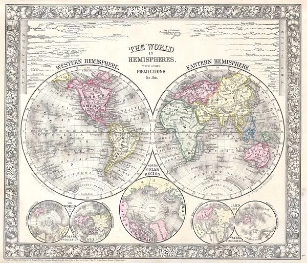 1864, Mitchell Map of the World on Hemisphere Projection, topography, cartography