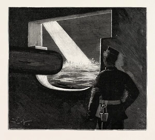 Night Quarters on Board a Man of War, the Target from a Maindeck Port, Engraving 1890