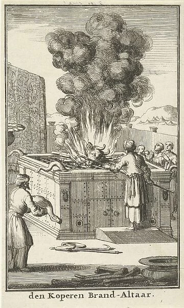 Priest sacrifices bull on the altar of sacrifice, print maker: Jan Luyken, Willem Goeree