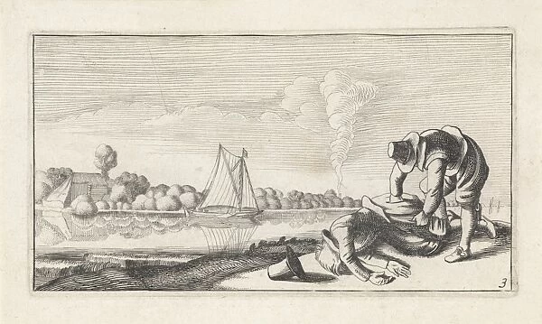 River Landscape with a dead man who robbed, Jan van de Velde (II), Anonymous, Claes Jansz