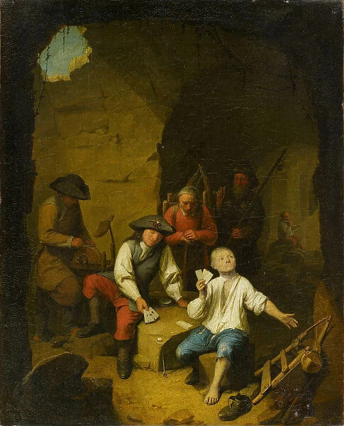 Scissors grinder playing cards 1690s oil canvas