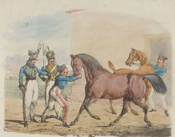Two Soldiers Cavalry Unit Horses Grooms 1823