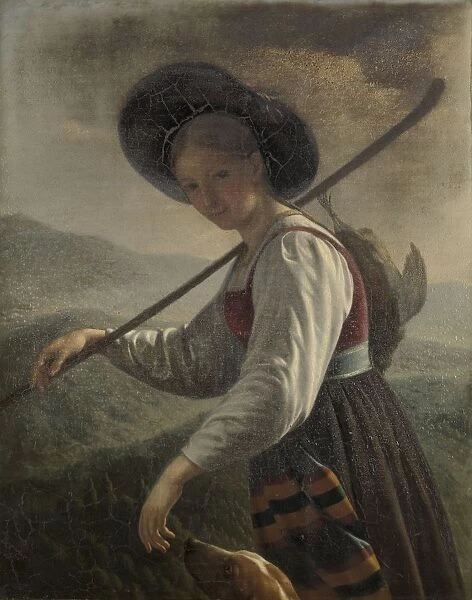 Swiss Peasant Woman Young woman hunting dog walking