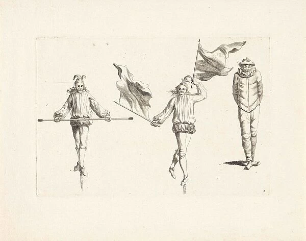 Two tightrope walkers with attributes and a clown, Anonymous, Gerardus Josephus Xavery