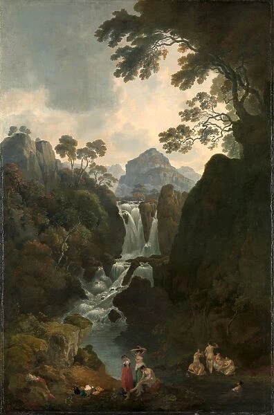 A Waterfall with Bathers Signed and dated in red paint, lower center right: Julius