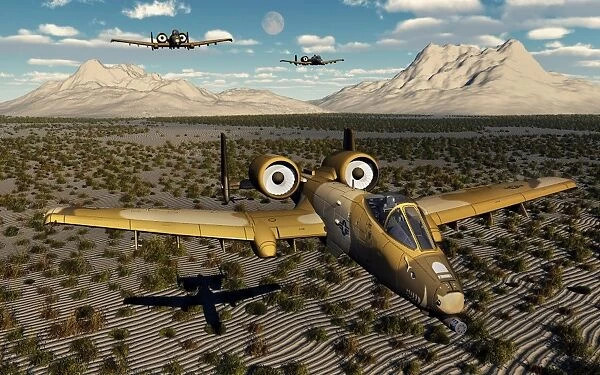 American A-10 Thunderbolts flying in formation over a desert landscape