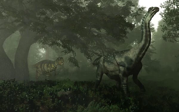 An Antarctosaurus stalked by Abelisaurus in a prehistoric landscape