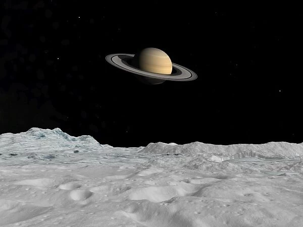 Artists concept of Saturn as seen from the surface of its moon Iapetus