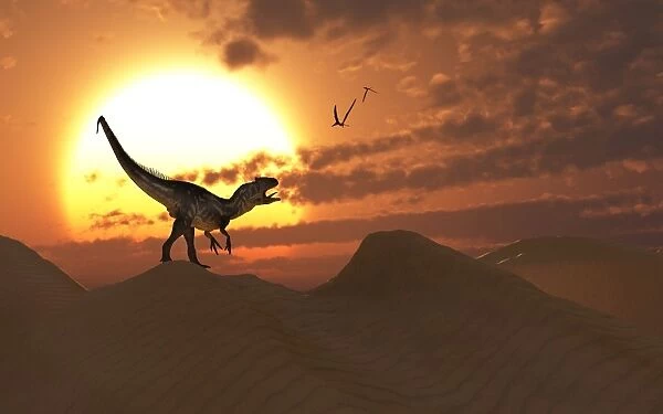 A carnivorous Allosaurus calling out across a desert landscape