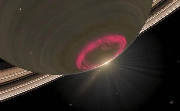 A cherry-red aurora hovering over Saturns south pole