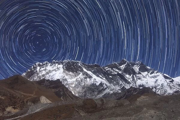 Circumpolar star trails above Lhotse mountain in Sagarmatha National Park, Nepal