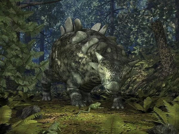 A Crichtonsaurus crosses paths with a pair of frogs within a Cretaceous forest