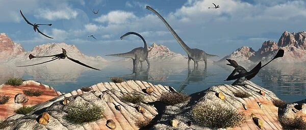 A herd of Omeisaurus dinosaurs feeding from a freshwater lake