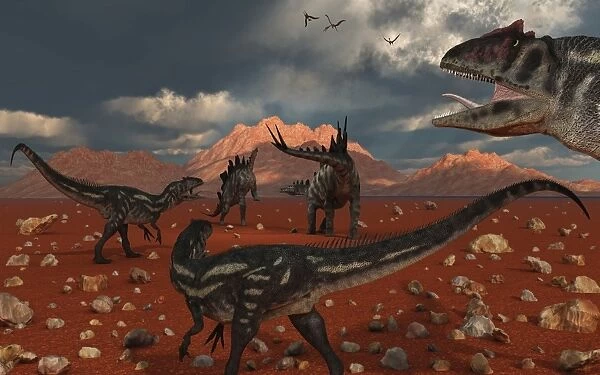 A pack of Allosaurus dinosaurs track down a pair of Stegosaurus