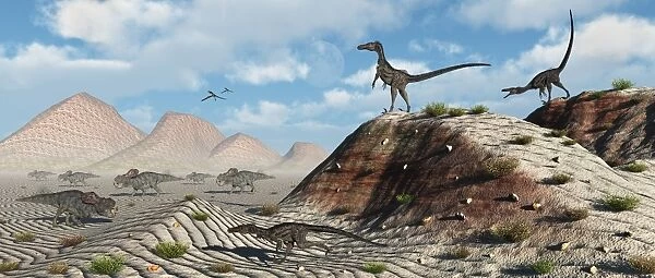 A pack of velociraptors stalking a herd of Protoceratops