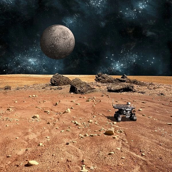 A robotic rover explores an alien world with a cratered moon rising above