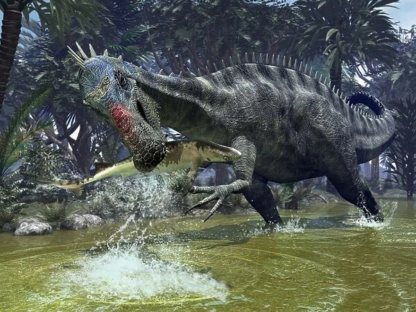 A Suchomimus snags a shark from a lush estuary