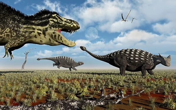 A Tyrannosaurus Rex hunting down a pair of Ankylosaurus dinosaurs