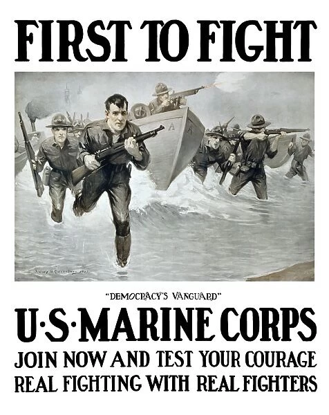 Vintage World War One poster of U. S. Marines storming a beach, rifles in hand