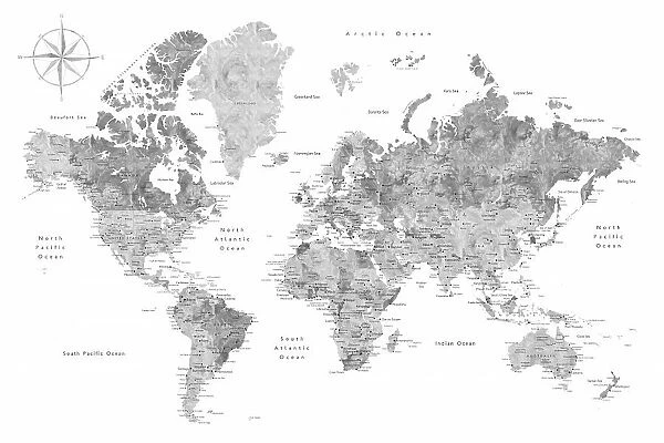 Grayscale watercolor world map with cities, Rylan