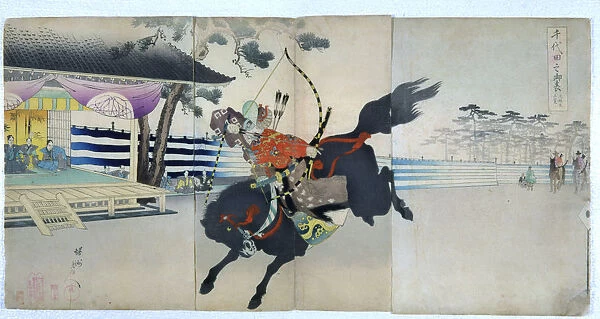 Archery at the samurai in the gardens of Chiyoda No Onmote-Yabusame Jyoran, popular card, 1897