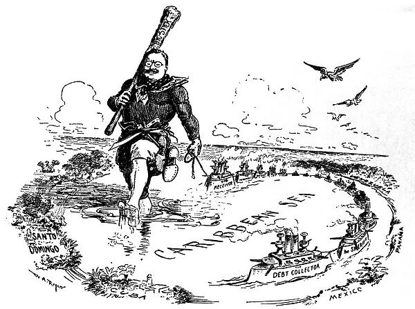 The Big Stick in the Caribbean Sea. Caricature on Theodore Roosevelt, 1904. Artist: Rogers, William Allen (1854-1931)