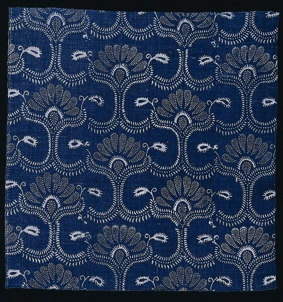 Blue Indigo Resist Print with Stylized Leaf Design, 1790. Creator: Unknown