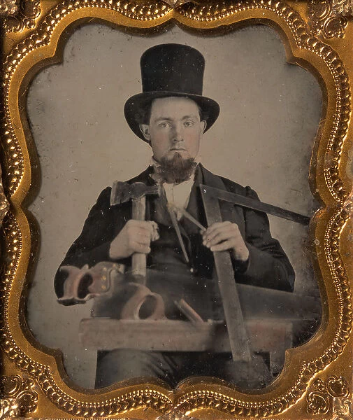 Carpenter in Top Hat with Hatchet, Compass, Square, and Hand Saw, 1850s-60s