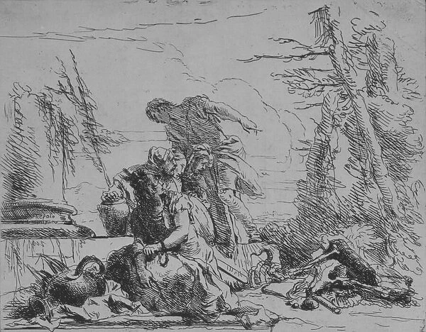 Chained Woman and Other Figures Regarding a Pyre of Bones, from the Capricci, 1743