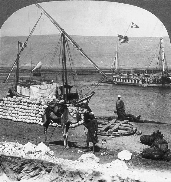 Dahabiyehs on the river ready for a Nile voyage, Egypt, 1905. Artist: Underwood & Underwood